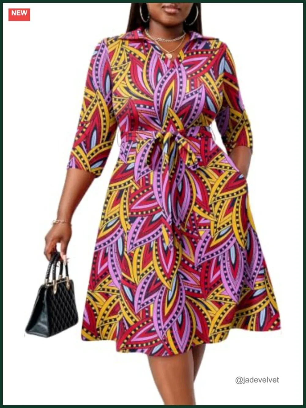 Plus Size African Print Midi Dress with Pockets and Belt